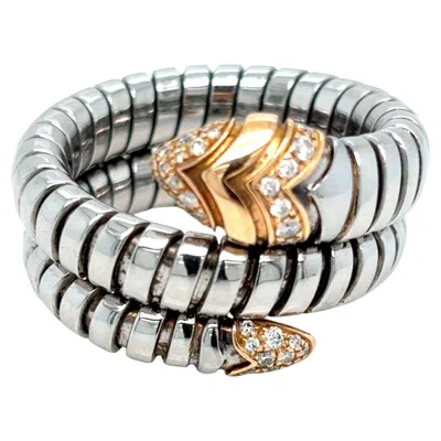 Pre-owned Bulgari Serpenti Tubogas Ring In Steel, Rose Gold And Diamonds In Red