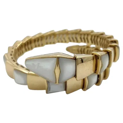 Pre-owned Bulgari Serpenti White Mother Of Pearl 18k Yellow Gold Chunky Bangle Bracelet