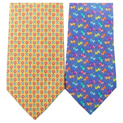 Pre-owned Bulgari Set Of 2 Bvlgari Yellow Floral Etro Blue Monkey Print Silk Neck Tie