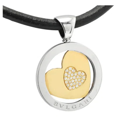Pre-owned Bulgari Tondo Diamond Heart Pendant Leather Necklace 18k Gold And Steel In Multiple