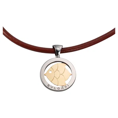 Pre-owned Bulgari Tondo Fish Steel And Gold Pendant Leather Cord Necklace In Multi