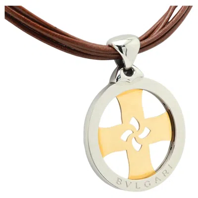 Pre-owned Bulgari Tondo Large Cross Pendant Leather Necklace 18k Gold And Steel In Multiple