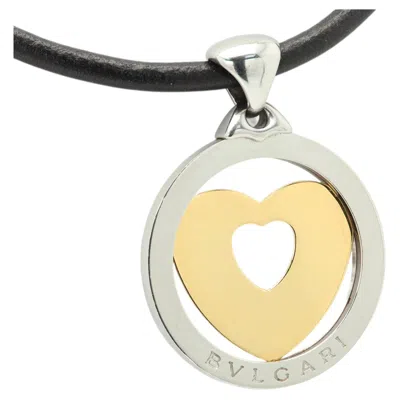 Pre-owned Bulgari Tondo Large Heart Pendant Leather Necklace 18k Gold And Steel In Multiple
