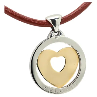 Pre-owned Bulgari Tondo Large Heart Pendant Leather Necklace 18k Gold And Steel In Multiple