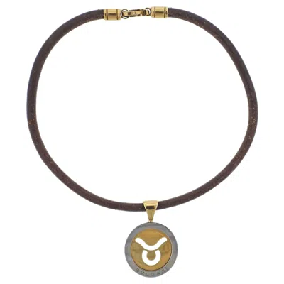 Pre-owned Bulgari Tondo Taurus Zodiac Sign Gold And Steel Pendant Cord Necklace In Multi