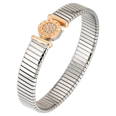 Pre-owned Bulgari Vintage 90s  Tubogas Bracelet Diamond 18k Gold Stainless Steel Bangle In Multi