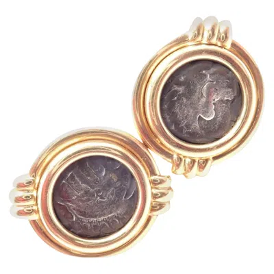 Pre-owned Bulgari Vintage  Bvlgari Alexander The Great Coin Moneta Yellow Gold Earrings