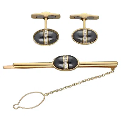 Pre-owned Bulgari Vintage Bvlgari Diamond & Hematite Cufflinks And Tie Pin Set In 18k Yellow/pink In Multi