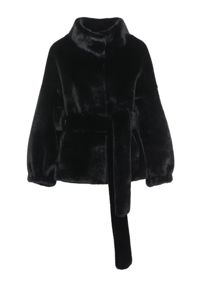 Bully Black Belted High Neck Faux Fur Coat