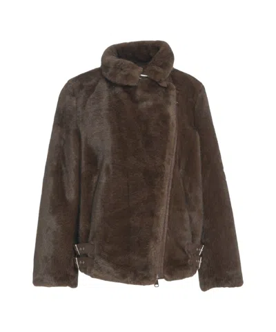 Bully Cropped Faux Fur Jacket With High Collar In Brown