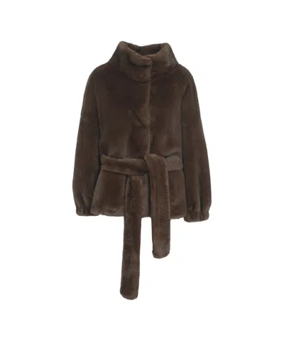 Bully Faux Fur Jacket With Belt At The Waist In Brown