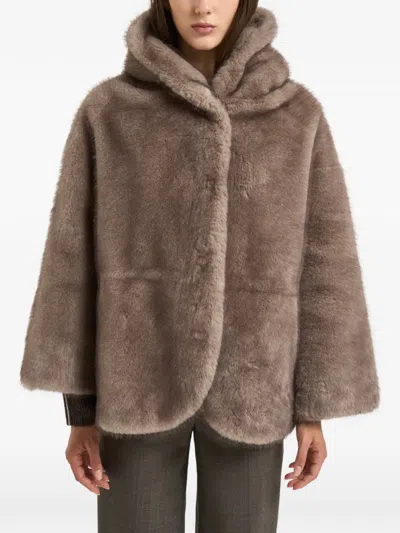 Bully Hooded Shearling Coat In Brown