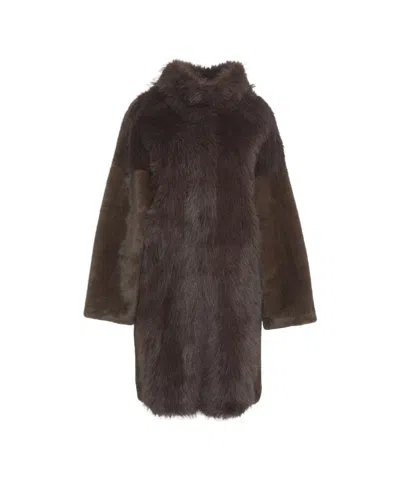 Bully Medium-length Faux Fur Coat With High Collar In Brown