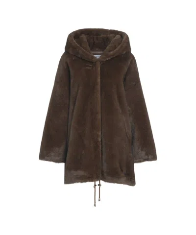 Bully Short Faux Fur Coat With Integrated Hood In Brown