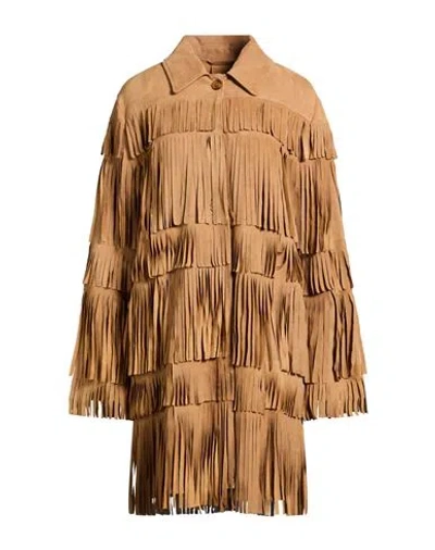 Bully Woman Overcoat & Trench Coat Camel Size 6 Leather In Sand