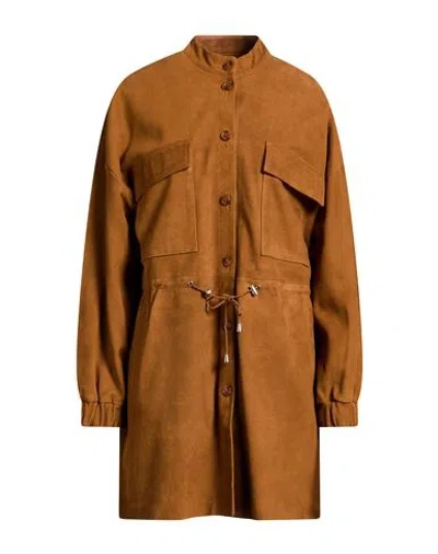 Bully Woman Overcoat & Trench Coat Camel Size 6 Leather In Sand