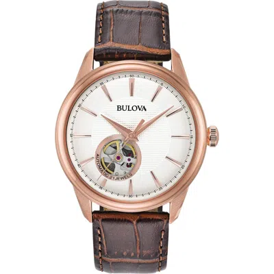 Bulova 21-jewels Automatic Leather Strap Watch, 41mm In Gray