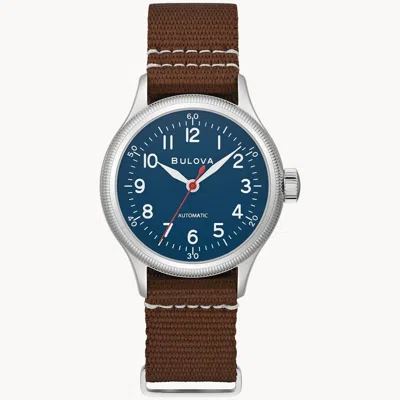 Pre-owned Bulova 96a282 A-11 Men's Automatic Hack Watch, Blue Dial, Brown Nylon Strap