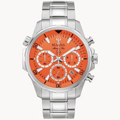 Pre-owned Bulova 96b395 Men's Marine Star Chronograph Watch - Orange/stainless Steel