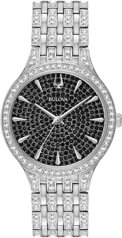 Pre-owned Bulova 96l273 Phantom Pave Crystal Black Dial Siilver Steel Womens Watch