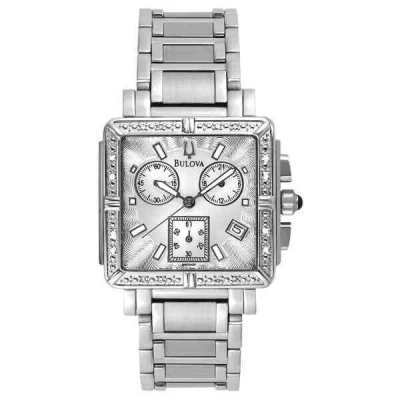 Pre-owned Bulova 96r000 Diamond Chronograph Silver Tone Band And Dial Ladies Watch
