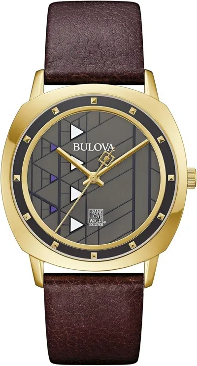 Pre-owned Bulova 97a173 Frank Lloyd Wright Grey/gold Dial Brown Leather Band Mens Watch