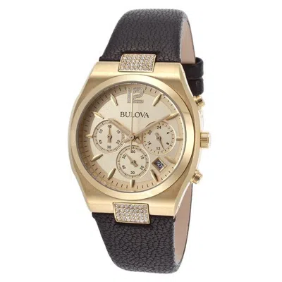 Pre-owned Bulova 97m107 Chronograph Black Leather Strap Crystal Women's Watch Great Gift