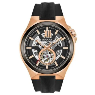 Pre-owned Bulova 98a177 Men's Automatic Black Dial Black Silicone Band Watch