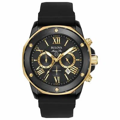Pre-owned Bulova 98b278 Marine Star Chronograph Men's Stainless Steel Watch - Brand In Gold Tone/ Black Strap