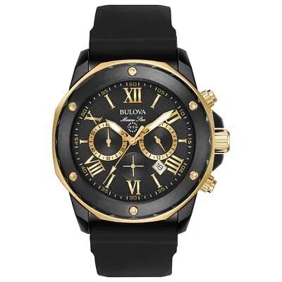Pre-owned Bulova 98b278 Marine Star Chronograph Men's Stainless Steel Watch - Brand In Gold Tone/ Black Strap