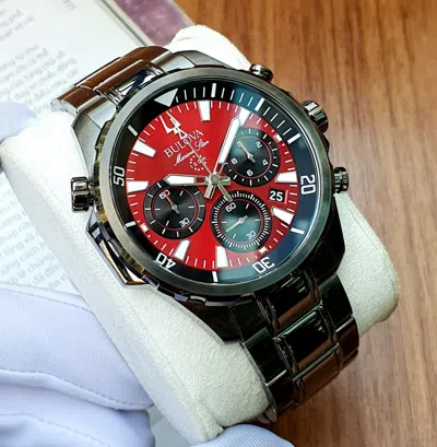 Pre-owned Bulova 98b350 Marine Star Red Dial Chronograph Stainless Steel Men's Watch