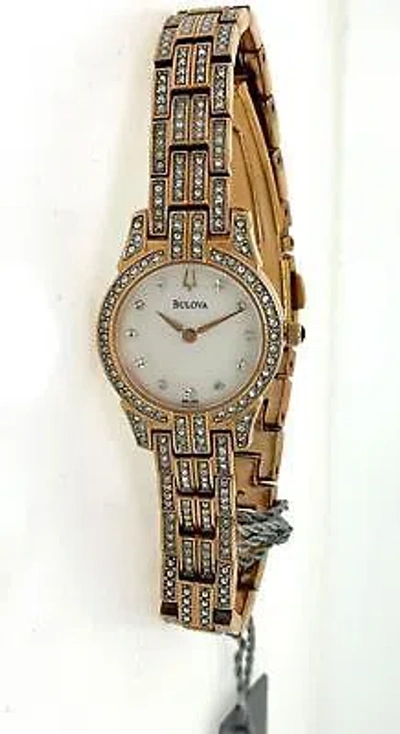 Pre-owned Bulova 98l155 Womens Analog Round Rose Gold Tone Crystals Quartz Dress Watch