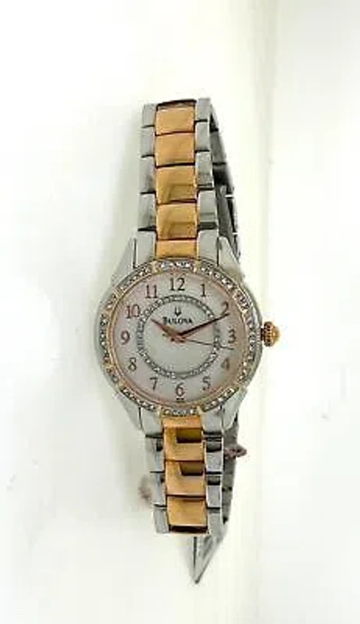 Pre-owned Bulova 98l182 Womens Analog Round Two Tone Crystals Quartz Mother Of Pearl Watch