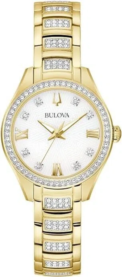 Pre-owned Bulova 98l306 Crystal White Diamond Dial Gold Stainless Steel Womens Watch