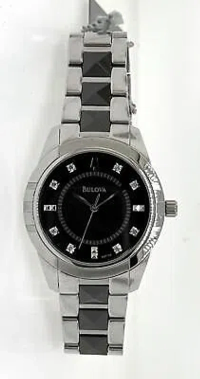Pre-owned Bulova 98p136 Women's Diamond Ceramic And Stainless Steel Black Dial Watch