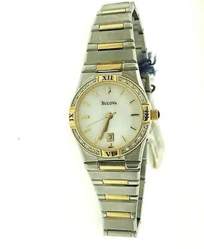 Pre-owned Bulova 98r011 Womens Mother Of Pearl Diamond Accented Two-tone Quartz Date Watch