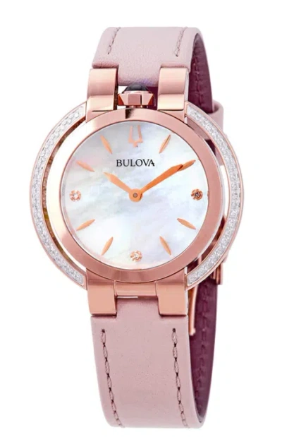 Pre-owned Bulova 98r267 Rubaiyat White Mop Glitz Dial Pink Leather Band Womens Watch