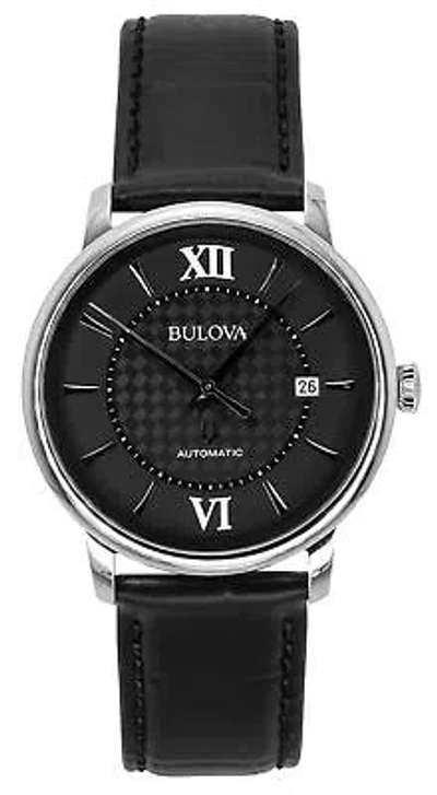 Pre-owned Bulova Analog Hudson Leather Strap Black Dial Date Automatic 96b441 Mens Watch