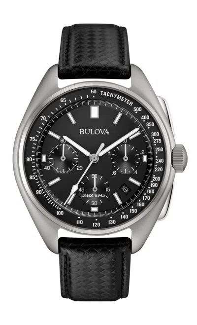 Pre-owned Bulova Archive Series Lunar Pilot Quartz Men's Black Leather Watch 45 Mm 96b251