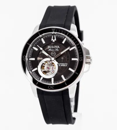 Pre-owned Bulova Automatic Black Dial Marine Star Leather Band Men's Watch 96a288