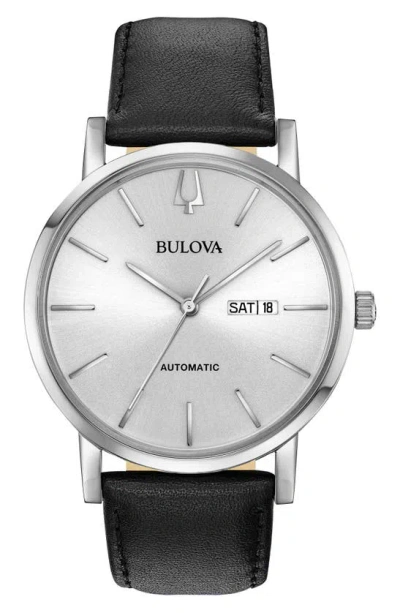 Bulova Automatic Leather Strap Watch, 42mm In Black