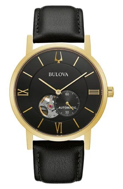 Bulova Automatic Leather Strap Watch, 42mm In Black