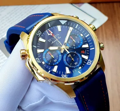 Pre-owned Bulova Blue Dial Gold Tone Marine Star Silicone Strap Men's Watch 97b168