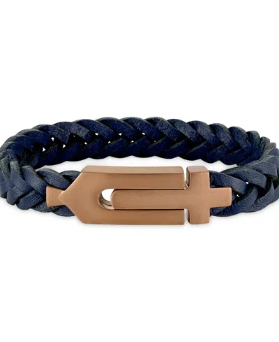 Bulova Blue Leather Braided Bracelet In Rose Gold-tone