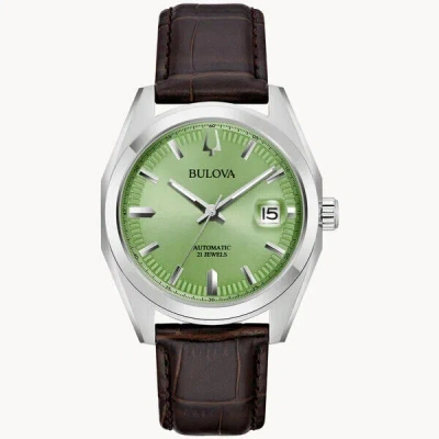 Pre-owned Bulova Brand  Surveyor Green Dial Brown Leather Band Men's Watch 96b427