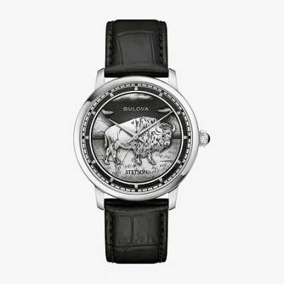 Bulova Classic Bul Mens Automatic Black Leather Strap Watch 96a333 In Gray