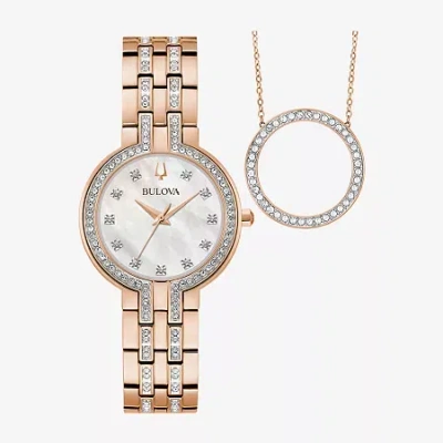 Bulova Classic Crystal Womens Crystal Accent Rose Goldtone Stainless Steel 2-pc. Watch Boxed Set 98x135 In Transparent
