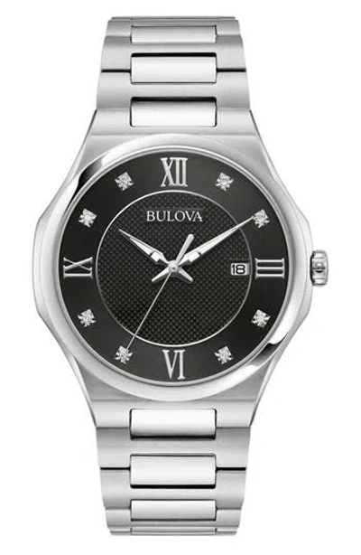 Bulova Men's Diamond Accent Stainless Steel Bracelet Watch 41mm In Silver