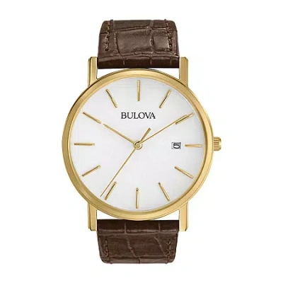 Bulova Classic Mens Brown Leather Strap Watch 97b100 In Gold