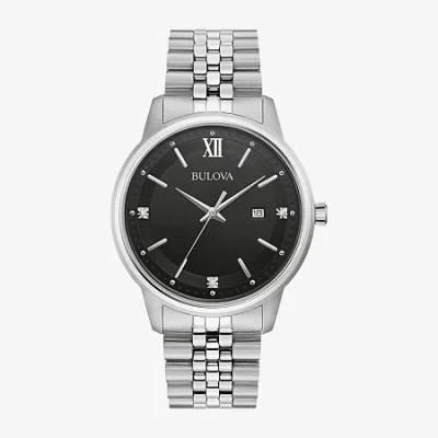 Bulova Classic Mens Diamond Accent Silver Tone Stainless Steel Bracelet Watch 96d151 In White